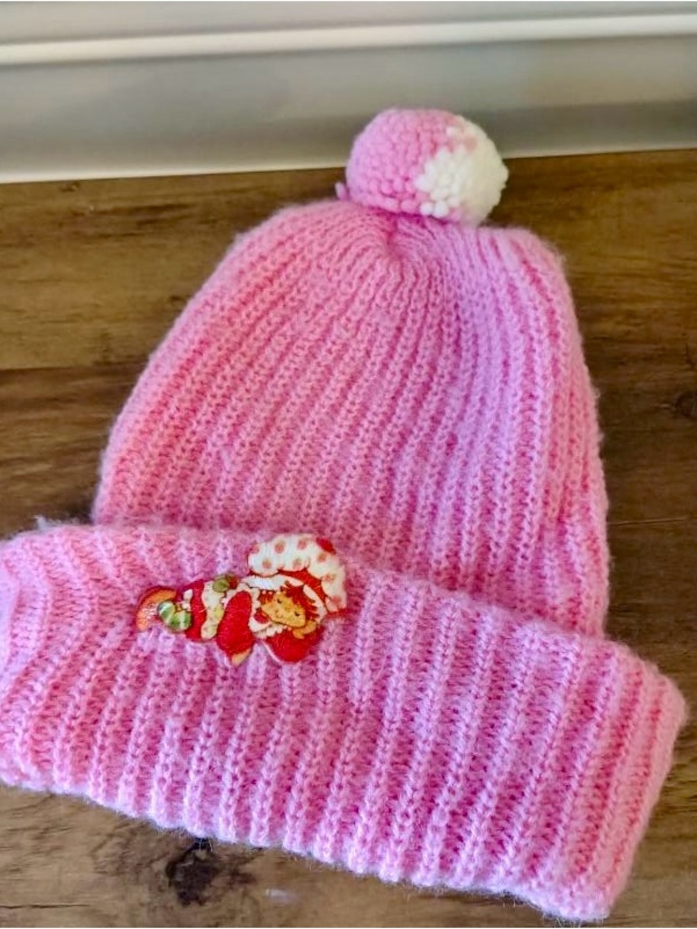 Vtg 80s Knit Strawberry Shortcake Beanie Pom Pom Sock Hat Pink